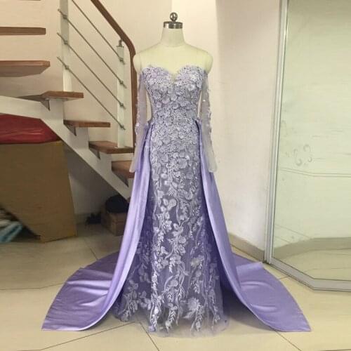 2019 Overskirt Dresses Evening Wear Mermaid Off The Shoulder Formal Dress With Sleeves 3D Applique Tulle Beaded Long Prom Gowns