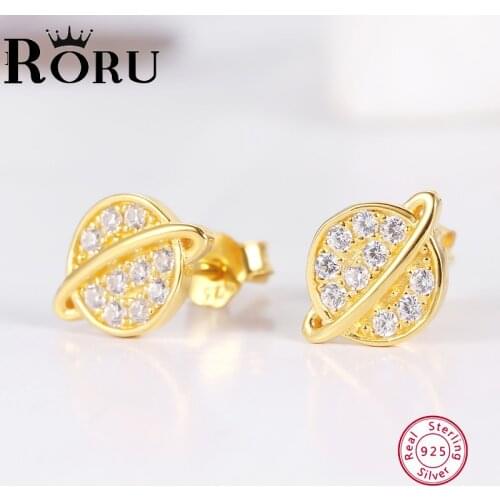Universe Gold Color 925 Sterling Silver Earrings Women CZ Stones Zircon Fashion Rhinestone Small Stud earrings Korea Gift Girl