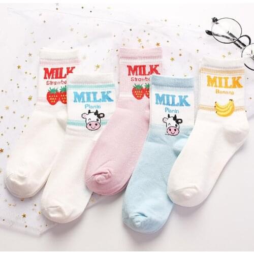 Strawberry cow cartoon socks kawaii cute korean style women white calcetines de la mujer streetwear woman meias mulher skarpetki