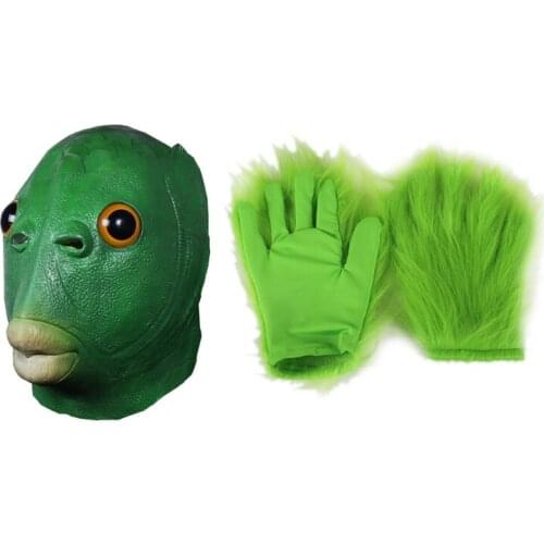 Funny Green Fish Head Animal Latex Headgear Mask Furry Gloves Halloween Christmas Cosplay Costume Accessory Party Props