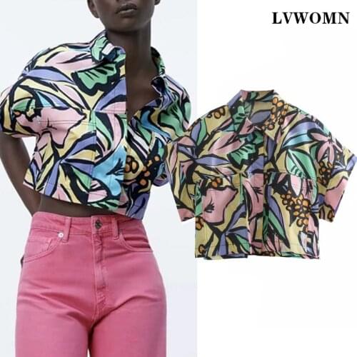 LVWOMN Za Top Women Vintage Floral Print Casual Blouse Shirts Women Loose Short Sleeve Poplin Shirt Boho Short Tops Pocket