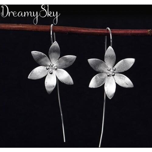 DreamySky 100% Real Pure Silver Color Jewelry Long Big Lotus Flower Earrings For Women Wedding Girls Statement Jewelry