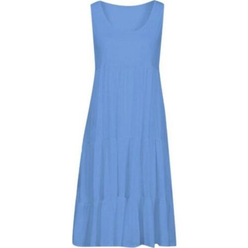 2021 New Summer Maxi Dress Women Plus Size Solid Blue O-neck Pleated Cake Dresses Large Size Big Swing short Sleeve Dresses