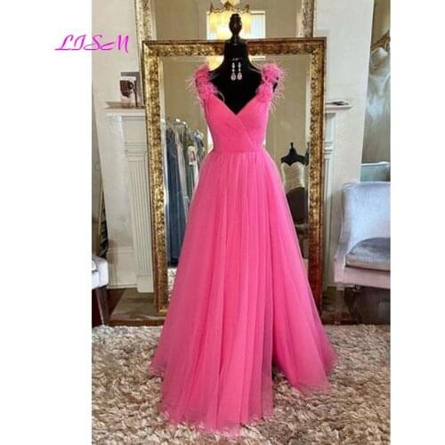 Cute Hot Pink A-Line V-Neck Tulle Long Prom Dresses 2021 Elegant Sleeveless Floor Length Evening Party Dress With Flowers
