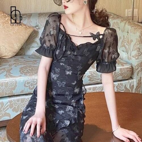 Vintage Bodycon Sexy Midi Dress Women French Elegant Hepburn Black Evening Dresses Korean Irregular Design Y2k Split Dress 2021