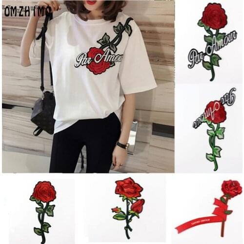 1 Pcs Patches Red Rose Flower Embroidery Patch Iron On Motif Applique DIY Clothes Sticker