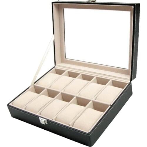 10 Watch Box Large Watch Case Glass Top Black Leather Display Organizer Case