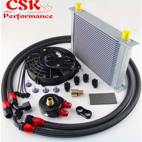 28 Row 10AN Racing Oil Cooler w/ Filter Adapter Fuel Hose + 7" Electric Fan Kit