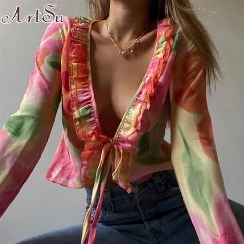 ArtSu Mesh Crop Top T-shirt for Women Summer Ruffles Long Sleeve Casual Bandage Beach Sexy Shirt V Neck Tshirts Femme TS52855