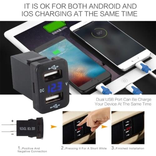 40x23mm 12V Dual USB Ports Car Charger LED Voltmeter Power Adapter For Toyota