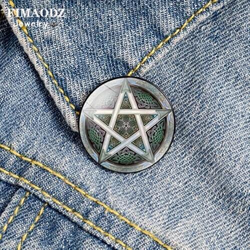 FIMAODZ Celtics Pentagram Brooch Moon Life Tree Wicca Amulet Glass Cabochon Brooches Men Bag Lapel Pin