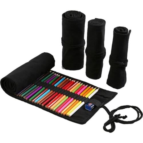 Black 36/48/72 Holes School Pencil Bag Canvas Wrap Roll Up Pencil Case Student Stationery Supplies Pen Storage Bag Gift