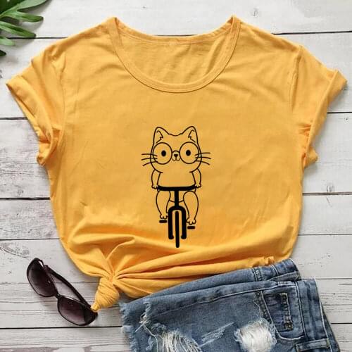 Riding Bike Funny Cat Print 100%Cotton Women Tshirt Cat Mom Life Funny Summer Casual O-Neck Short Sleeve Top Pet Lovers Gift