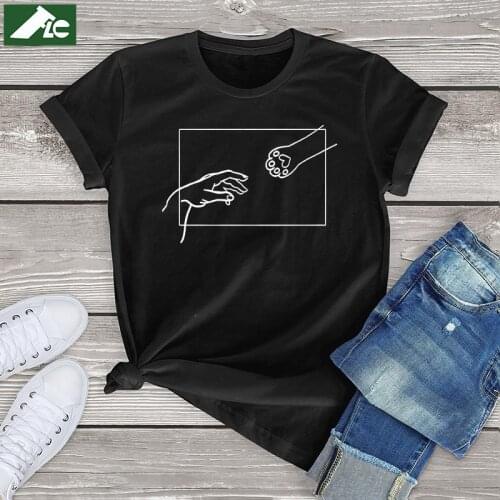 Funny Cat Adam Creation abstract print t shirt women clothes Cat Creation of Hand womens Shirts kawaii graphic tees unisex tops