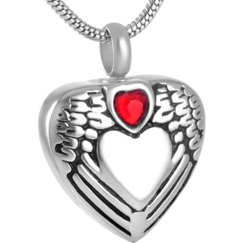 IJD9135 Free Engraving Blank Heart Necklace Unique Design Feather Wings With Red Crystal Heart Keepsake Cremation Pendant Men