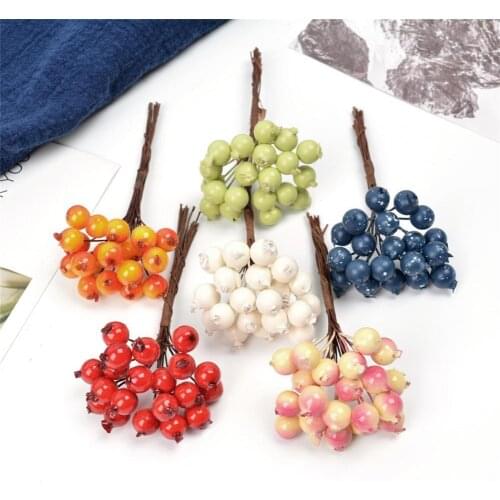Mini Double Heads Fake Fruit Artificial Glass Berries Pomegranate Red Cherry Bouquet Stamen Christmas Decorative DIY Accessories