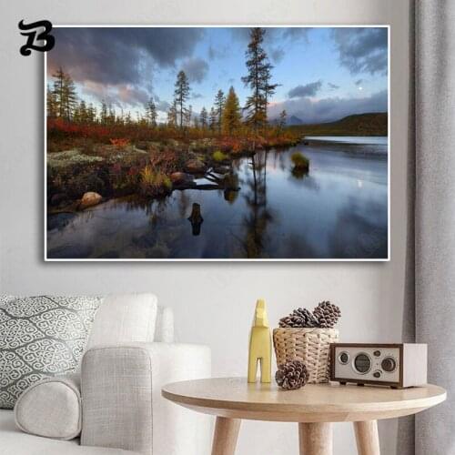 Canvas Painting Wall Art Landscape Painting Autumn Scenery Lake Water Snow Mountain Posters and Print for Living Room Home Decor
