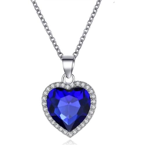 Blue Green Heart Shape Clear Crystal Bling Starry Alloy Classical Pendant Necklace For Women White Chain