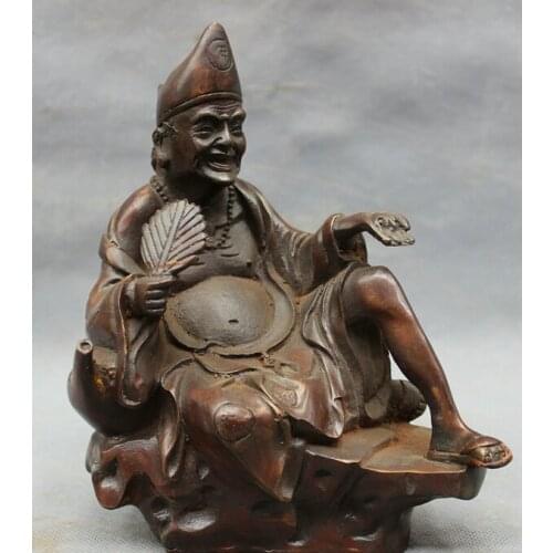 Song voge gem S2766 8" Chinese Bronze Gourd Fo JiGong ChaiGong Hold Fan Buddha Arhat Monk Statue