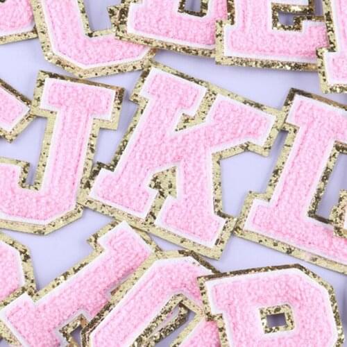 Pink Towel Embroidered Letters Sewing On Patch Name Badge Alphabet Sequins Patches For Diy Kid Clothing Bags Accessories