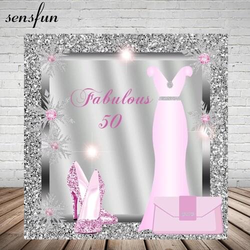 Sensfun Lady Women Fabulous 50 Birthday Party Backdrop Pink Dress Glitter Heels Silver Diamonds Frame Photography Backgrounds