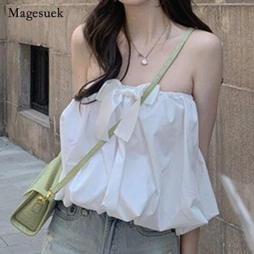 Chic Solid Bow Slash Neck Off Shoulder Shirts 2021 Summer Sleeveless Tops for Women Casual Sweet Sexy Blouse Clothes Blusa 14559