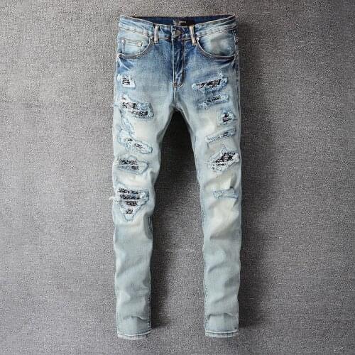 Light Blue Street Retro Ripped Stitching Jeans Mens Motorcycle Pants Mens Punk Jeans Hip Hop Ripped Designer Jeans Mens Pant