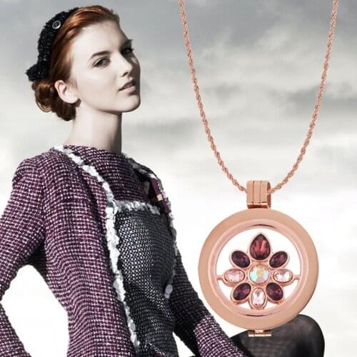 Vinnie Design Stainless Steel Pendant Necklace with 35mm Rose Gold Coin Holder,33mm Flores Crystal Coin Disc,80cm Soprano Chain