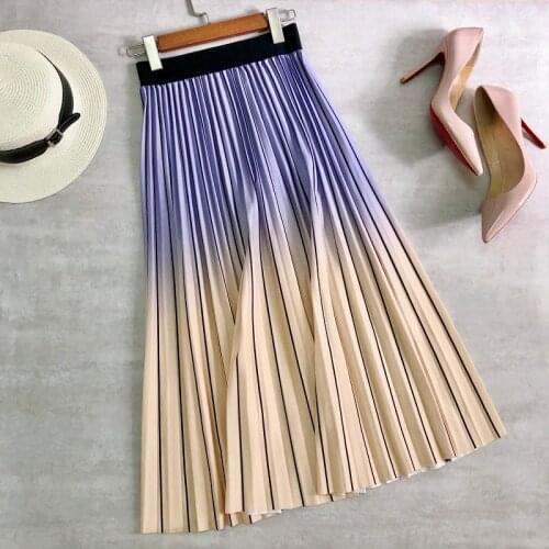 Spring Summer Women Midi Skirts Gradient Color Stripe Pleated Skirts High Waist Elegant Office Lady A-line Korean Long Skirts
