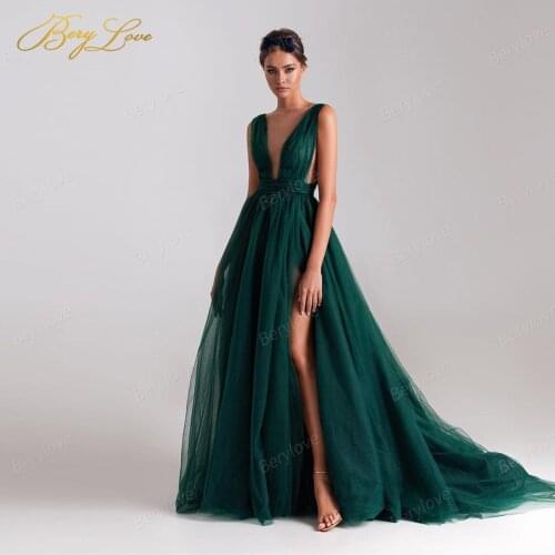 Berylove Green A line Evening Dress Flowing Tulle Long Prom Dress Deep V Neck Side Slit Party Dress Formal Elegant robe soirée
