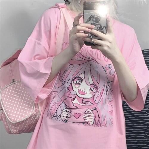 Mujer Sweet Girls Cute Cartoon Japanese Streetwear Harajuku Kawaii Pink Y2K Casual Tops Vintage Loose Chic Summer Women T-shirt