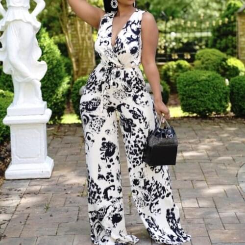 Women Jumpsuit Print Sleeveless Pocket V-neck Bandage Sashes Loose Casual Summer floor pants Outfits