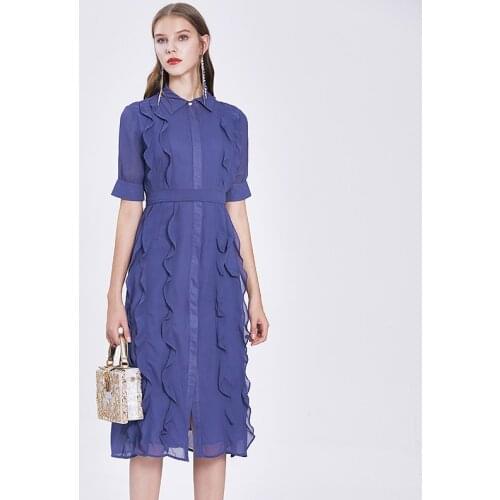 2020 Summer Sweet Ruffles Midi Dress Women Turn-down collar Short Sleeve Belted Slim Shirt Dress