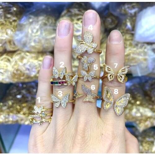10Pcs Wholesale elegant chic top quality gold plating metal ring crystal cz pave butterfly rings jewelry for gift