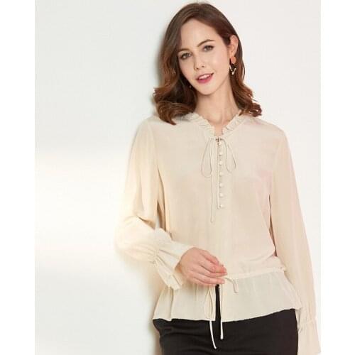 100%real silk boulses for women high quality 2020 summer beige bow tie office shirts long sleeve casual sexy plus size