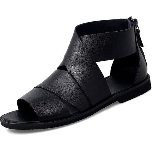 2021 Summer Mens Open Toe Hollow Out High Top Genuine Leather Casual Sandals Street Rome Style Zipper Youth Daily Fashion Shoes