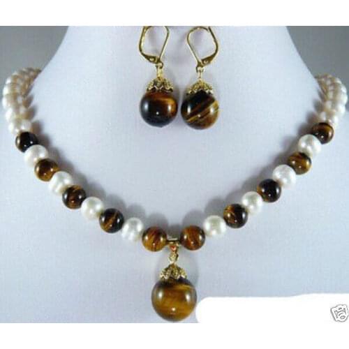 Free shipping@@@@@Real White Pearl Tigereye Opal 18KGP Clasp Pendant Necklace Earrings