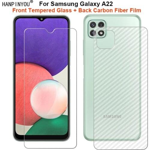 For Samsung Galaxy A22 4G / 5G 1 Set = Soft Back Carbon Fiber Film + Ultra Thin Tempered Glass Front Screen Protector