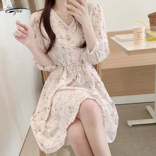 Elegant party dress ladies robe V-neck dress ladies 2021 summer new floral ladies dress short-sleeved drawstring 10100