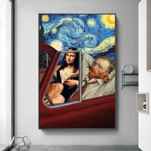 Mona Lisa Driving and Funny Art Van Gogh Canvas Posters Abstract Smoking Oil Paintings on Canvas Wall Pictures Home Wall Decor