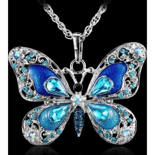 Beautiful Rhinestone Long Butterfly Necklace Sweater Pendant Necklace For Women Necklace Pendant Suspension Silver Color Jewelry