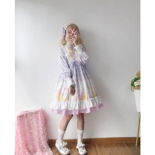 Moon Rabbit Sweet Womens Lolita OP Dress Long Sleeve Dress Turtleneck Ribbon Tie Fairykei Dress One Piece 4Colors