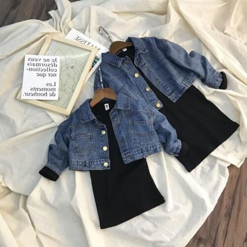 Spring Fashion Baby Girl Clothing Set Kids Long Sleeve Denim Blue Jacket+Black Skinny Dress 2PCS Children Clothes Suit For 2-8Y