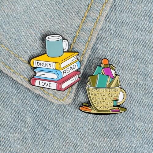 Cartoon Coffee And Books Pins Drink Read Love Book Worm Hard Enamel Badge Lapel Pin Brooches For Bag Backpack Accessories