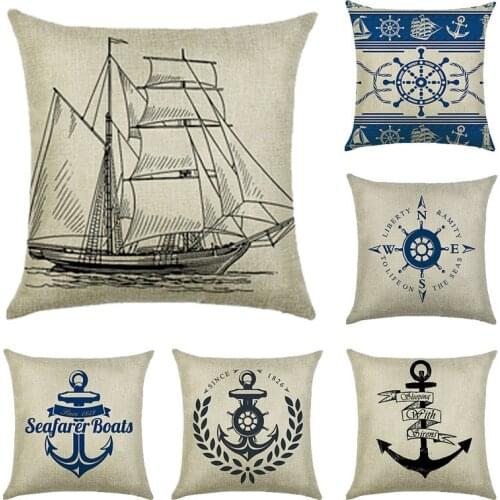 Mediterranean Sailing Pillowcase Sea Blue Nautical Anchor Pillow Cover Linen Rudder Seafarer Boats Cushion Cover