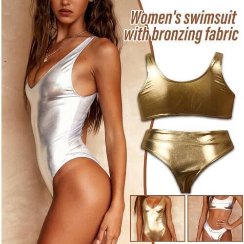2021 New Womens Swimsuit Polyester Fabric Reflective Golden Silver Female Swimwear Summer Beach Bathing Suit купальник