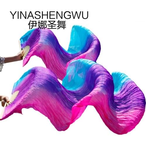 New Arrivals Stage Performance Dance Fans 100% Silk Veils Colored Women Belly Dance Fan Veil (2pcs) turquoise+purple+rose stripe