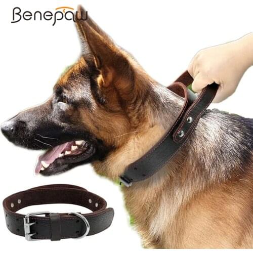 Benepaw Sturdy Genuine Leather Dog Collar Conrol Handle Fashion Durable Heavy Duty Pet Training Collar For Medium Large Dogs