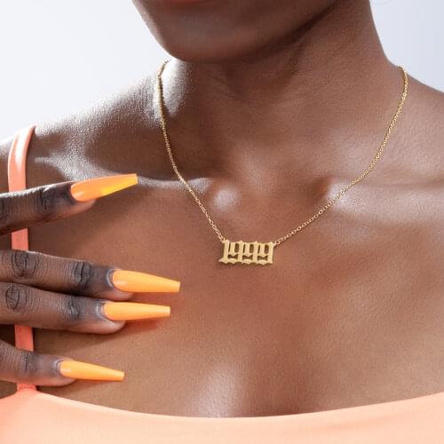 Old English Birth Year Necklaces Pendants Stainless Steel Gothic Jewelry Gold Color Number 1985-2020 Choker Necklace Women Gifts