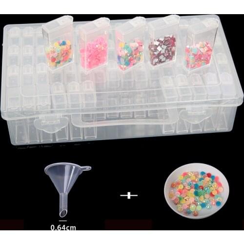 64 Cells Plastic Storage Box with Funnel and Stickers for Diamond Painting Accessories Tools Container Box Sets